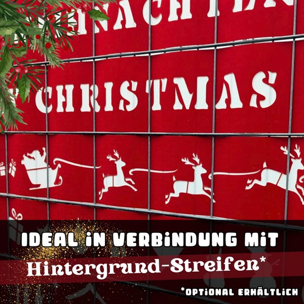 Weihnachtsdekoration mit Weihnachtsmann, Rentieren und Schriftzug Christmas