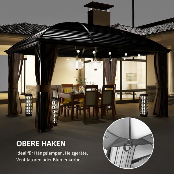 Outsunny Pavillon mit Hardtop, 4x3 m Wasserdicht Stabil Winterfest Gartenpavillon mit Moskitonetz, Haken, Seitenteile, Bogendach, Garten-Pavillon aus Aluminium, für Garten, Terrasse, Braun
