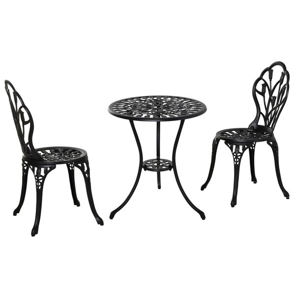 Dreiteiliges Bistro-Set aus schwarzem Metall bestehend aus einem runden Tisch und zwei Stühlen mit floralem Muster.