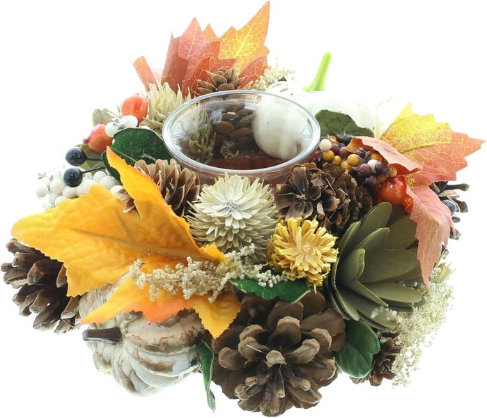 Dekoleidenschaft Windlicht Herbst kleiner bunter Dekokranz Ø 19 cm mit Glaswindlicht, Tischkranz