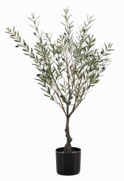 Künstlicher Olivenbaum im schwarzen Topf mit grünen Blättern und dunklen Oliven.