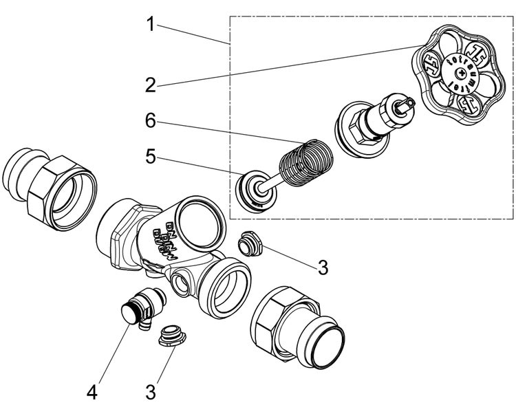 Explosionszeichnung einer Armatur mit nummerierten Einzelteilen wie Handrad mit Seppelfricke Logo, Spindel, Feder, Stopfen und Ventilgehäuse.