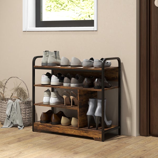 HOMCOM Schuhregal mit 4 Ebenen, Schuhablage mit Griff, Schuhständer für 11 Paar Schuhe, Platzsparend Schuhaufbewahrung, Schuh-Organizer für Eingang, Flur, Rustikal-Braun