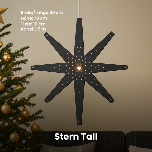 Schwarzer Dekostern Tall mit LED-Beleuchtung und Baumbehang