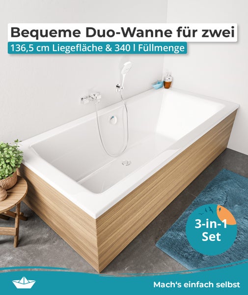 Rechteckige Duo-Badewanne mit weißer Innenfläche und Holzoptik-Verkleidung, inklusive Handbrause und Armatur, Fassungsvermögen 340 Liter.
