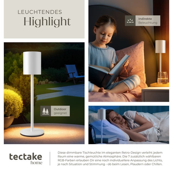 tectake Corly Retro-Tischlampe Corly, LED, 7 Lichtfarben, dimmbar 10 x 37 cm weiß