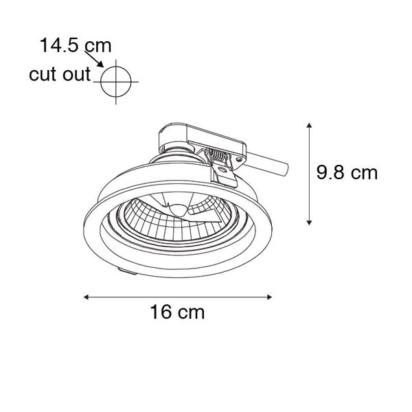 Technische Zeichnung eines Einbaustrahlers mit Maßen: Durchmesser 16 Zentimeter, Höhe 9,8 Zentimeter, Lochausschnitt 14,5 Zentimeter.