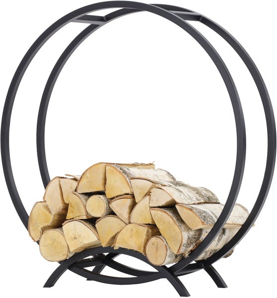 Brennholzregal aus Metall mit Holzscheiten
