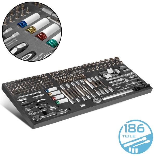 Werkzeugkoffer mit 186 Teilen, inklusive Ratschen, Steckschlüsseln und Schraubendreher-Bits