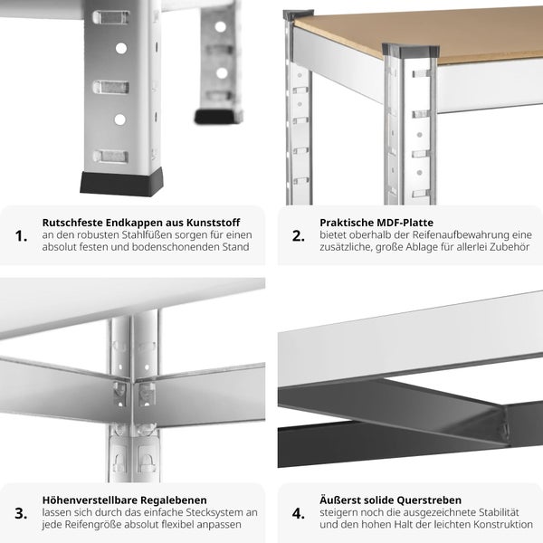 Reifenregal tectake  120 x 40 x 180 cm für 8 Reifen grau