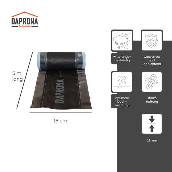 Daprona Firstband, 5 Meter lang, 15 Zentimeter breit, 0,1 Millimeter stark, wetterfest, wasserdicht, Dachbelüftung, starke Haftung, Daprona Logo.