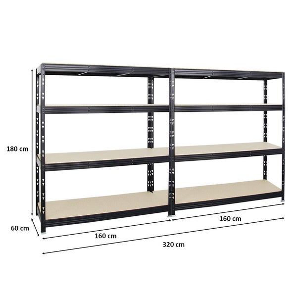 PROREGAL Mega Deal 2x Profi Schwerlastregal Rhino HxBxT 180 x 160 x 60 cm 4 Spanplatten-Ebenen 16mm Fachlast 500 kg Schwarz