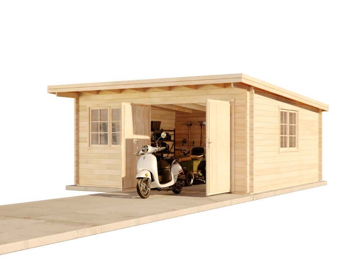 Garage aus Holz mit Pultdach, Doppeltür und Fenstern, Innenraum mit Roller und Gartengeräten