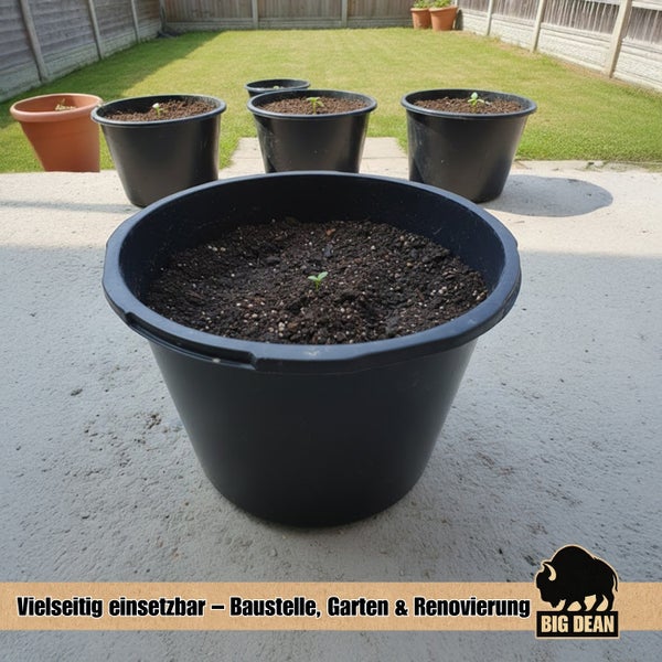 Mehrere schwarze Kunststoffpflanztöpfe stehen im Garten auf einer gepflasterten Fläche, bepflanzt mit kleinen Keimlingen.