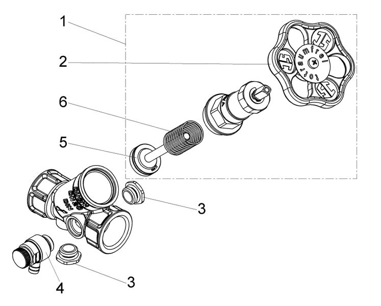 Explosionszeichnung einer Armatur mit Handrad, Ventiloberteil, Feder, Dichtung, Verschlussstopfen und Entleerungsventil.