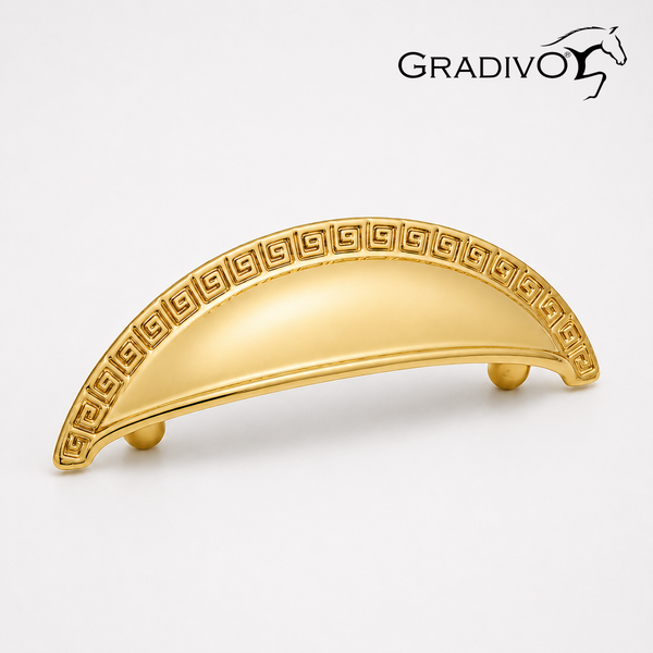 Möbelmuschelgriff mit griechischem Mäandermuster, goldfarben. Gradivo Logo.