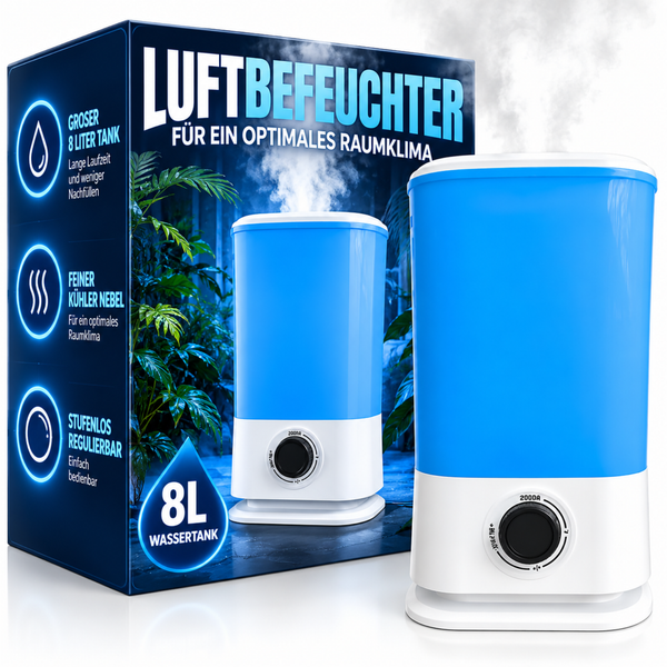 Luftbefeuchter mit 8 Liter Wassertank und stufenloser Regulierung vor der Produktverpackung