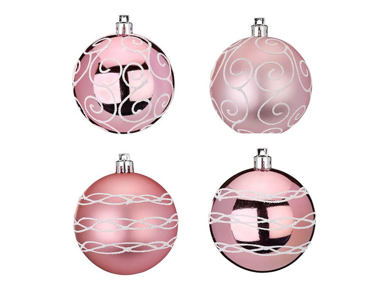 Set von 4 Ornamenten: Dekorationen rund rosa mit Dekor-Mix 8 cm