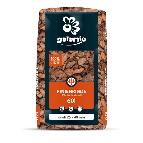 Galamio Logo, Pinienrinde aus 100 Prozent Mittelmeer-Pinie, 60 Liter Sack, grobe Körnung 25 bis 40 Millimeter, unkrauthemmend.