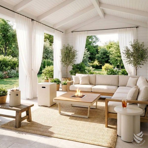 Helle, überdachte Terrasse mit hölzernem Ecksofa, hellen Polstern, einem Couchtisch mit integrierter Feuerstelle und einem Teppich aus Jute.