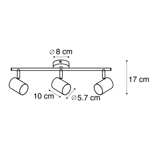 Technische Zeichnung einer Deckenleuchte mit drei Strahlern und Maßangaben