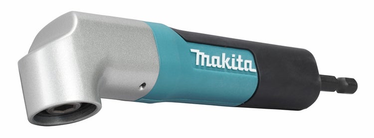Makita Winkelschraubvorsatz in Silber und Türkis mit Sechskantaufnahme für Bohrschrauber.