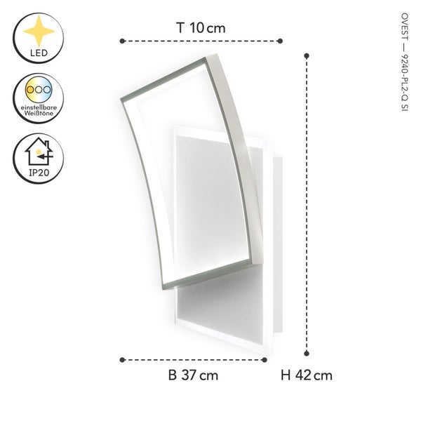 Moderne LED-Wandleuchte mit einstellbaren Weißtönen, Schutzart IP20, Breite 37 Zentimeter, Höhe 42 Zentimeter, Tiefe 10 Zentimeter.