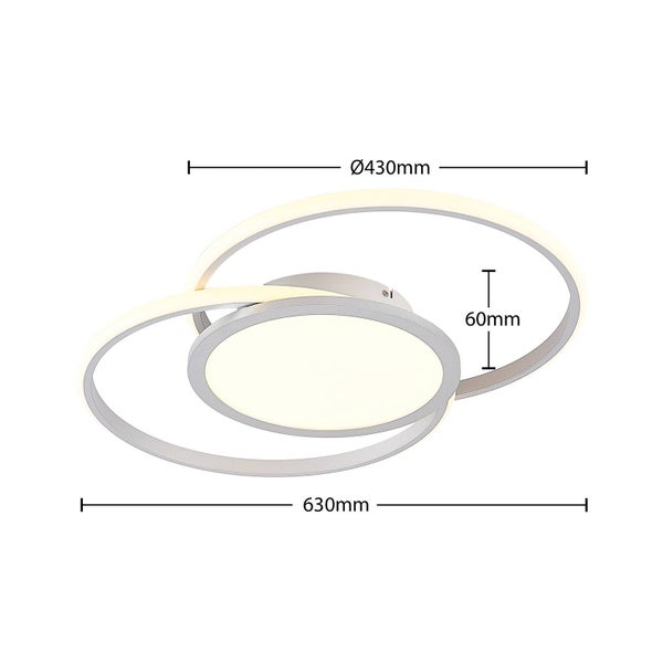 Moderne LED-Deckenleuchte in Ringform mit den Maßen 630 Millimeter Breite, 430 Millimeter Durchmesser und 60 Millimeter Höhe.
