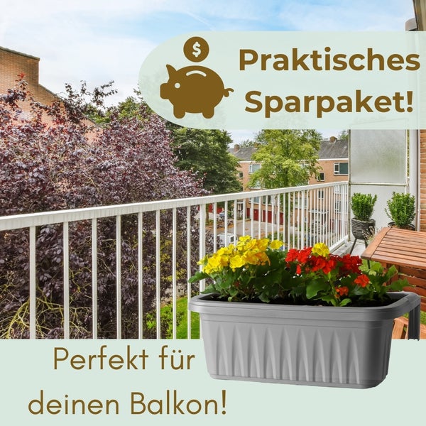 Grauer Blumenkasten mit gelben und roten Blumen auf einem Balkon.