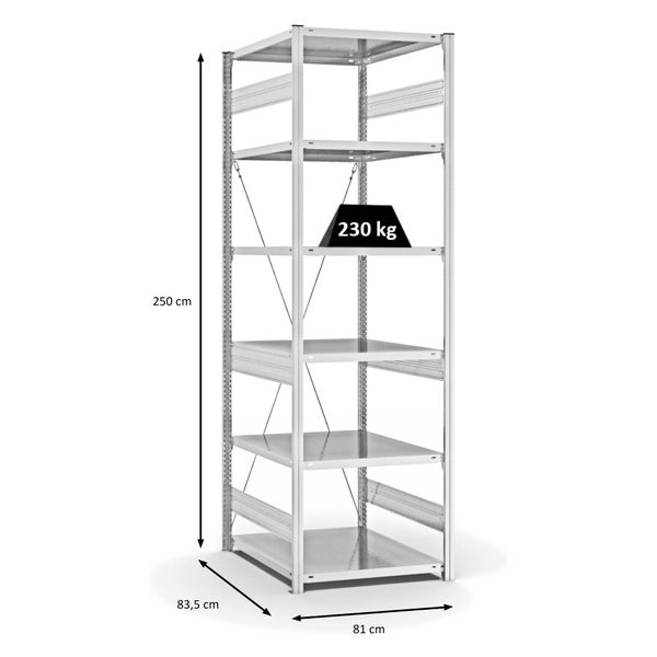 PROREGAL Fachbodenregal Stecksystem T-Profil Medium-Duty Grundregal HxBxT 250 x 75 x 80 cm 6 Ebenen Fachlast 230 kg Einseitig Nutzbar Lichtgrau