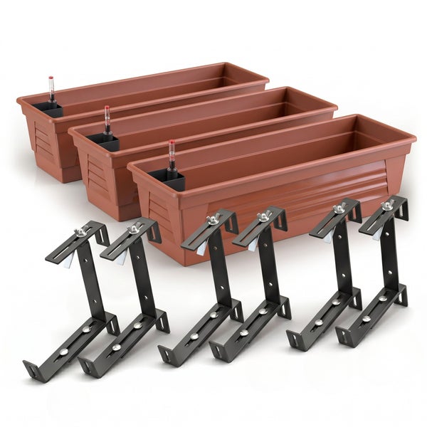 Set aus drei Kunststoff-Balkonkästen mit Wasserstandsanzeiger und sechs verstellbaren Halterungen aus Metall.
