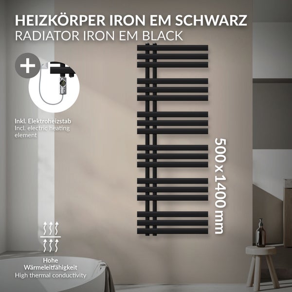 LuxeBath Elektrischer Badheizkörper IronEM 500x1400mm Schwarz matt + Heizstab Chrom 900W Thermostat Digitalanzeige, Handtuchheizkörper mit Heizpatrone, Handtuchwärmer Paneelheizkörper Designheizkörper