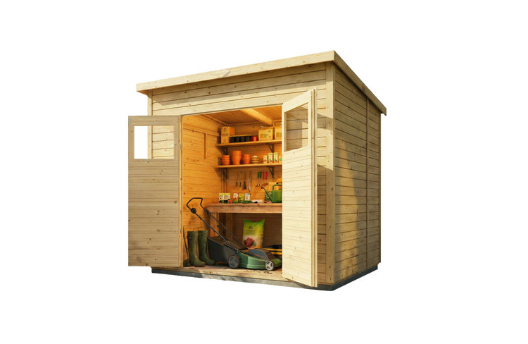 Offenes Gartenhaus aus Holz mit Pultdach, ausgestattet mit Regalen, Gartengeräten, Rasenmäher und Gummistiefeln im hellen, organisierten Innenraum.