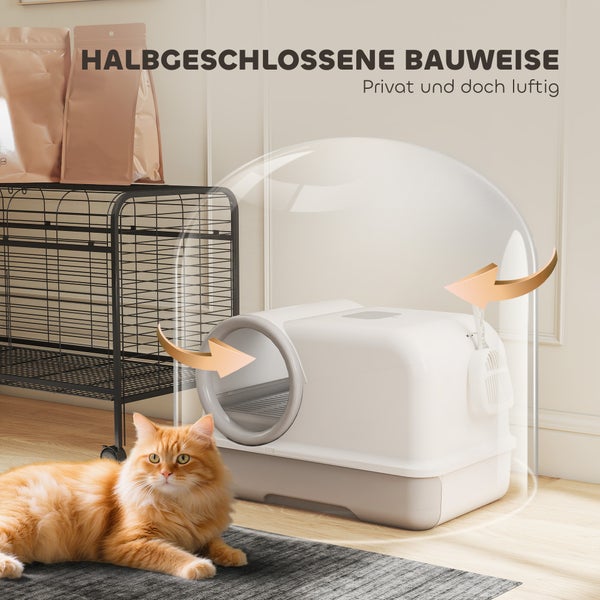 Halbgeschlossenes Katzenklo in Weiß und Grau mit Belüftungspfeilen, einer roten Katze und einem Metallregal in einem hellen Raum.