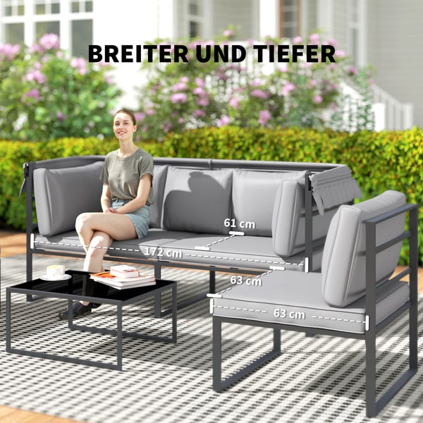 Outsunny Gartenmöbel Set wetterfest Sitzgruppe für 5 Personen Gartenlounge mit 3er Sofa 2 Sessel Sonnendach Kissen Beistelltisch Outdoor Balkonmöbel-Set Terrassenmöbel für Garten Balkon Grau