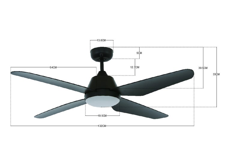 Deckenventilator mit vier Flügeln und integrierter Beleuchtung inklusive Maßangaben in Zentimeter zur technischen Darstellung.