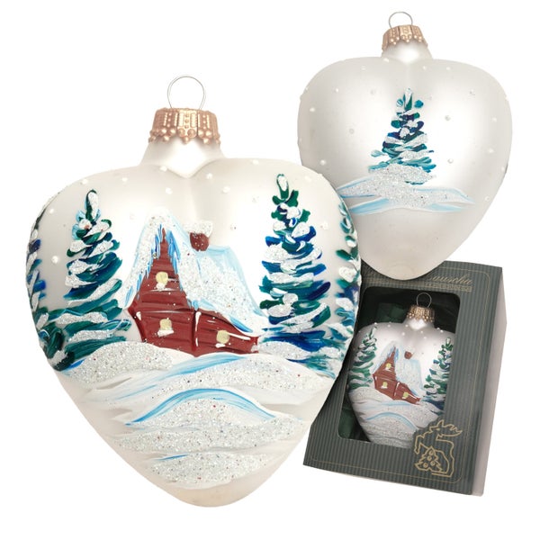 Herz mit verschneitem Haus, Silber Satin, 10cm, 1 Stck., Weihnachtsbaumkugeln, Christbaumschmuck, Weihnachtsbaumanhänger