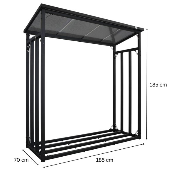 Brennholzregal mit den Maßen 185 mal 185 mal 70 Zentimeter.