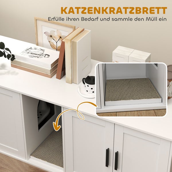 Katzenkratzbrett aus Wellpappe, eingelegt in ein Fach eines weißen Sideboards.