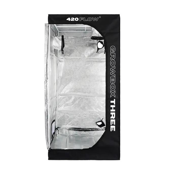 420 Flow Growbox Three Pflanzzelt mit reflektierender Innenbeschichtung zur Pflanzenzucht.
