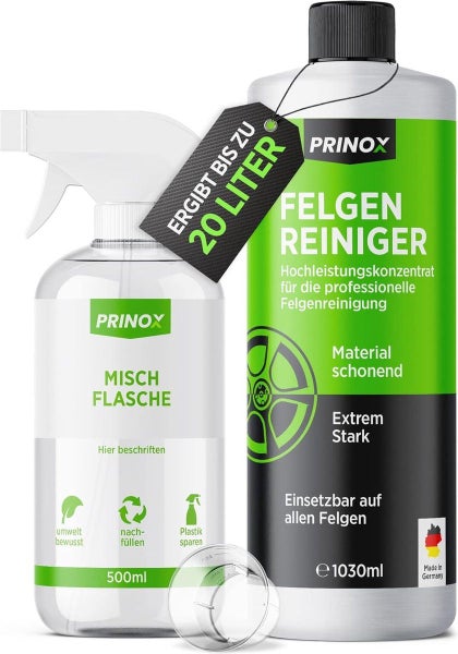 PRINOX® 1030ml Felgenreiniger Konzentrat inkl. Mischflasche | STARK & SPARSAM | Ergibt bis zu 20L | Säurefrei für alle Felgen | Alufelgen, Stahlfelgen, Carbon, Matte, Chrom | Felgenpflege Made in DE…