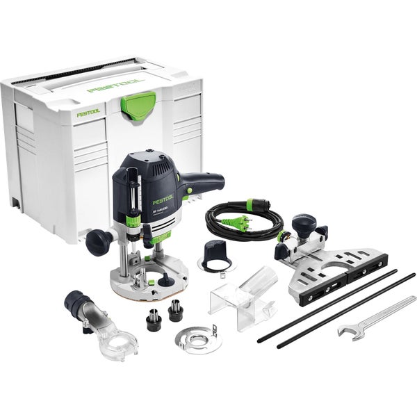 Festool Oberfräse OF 1400 EBQ-Plus Set mit Systainer, Seitenanschlag, Absaughaube, Spannzangen und Gabelschlüssel.
