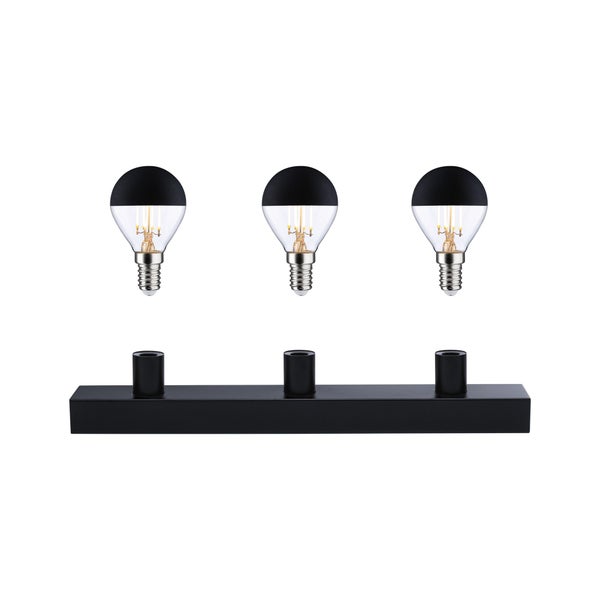Dreiflammige Deckenleuchte mit schwarzer Schiene und drei Kopfspiegel LED Lampen mit E14 Fassung.
