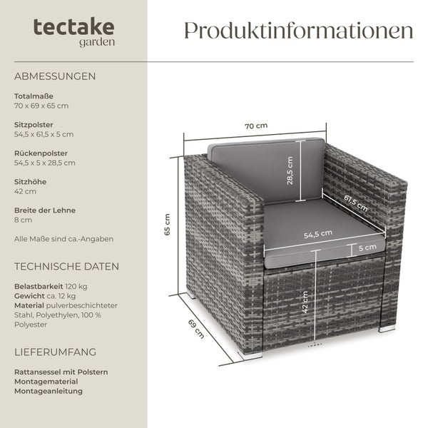 Rattansessel  tectake Lignano 70 x 69 x 65cm widerstandsfähig grau