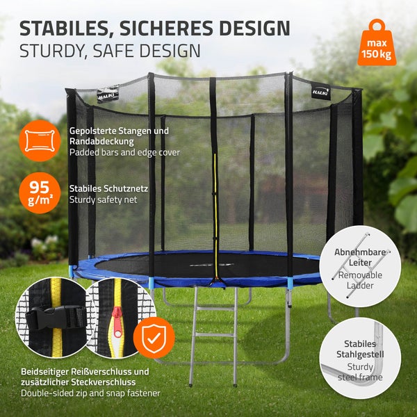 Hauki Trampolin Outdoor, Ø366 cm, Blau, GS geprüft, Rundes Gartentrampolin für Kinder bis 150 kg, Komplettset mit Sicherheitsnetz, Leiter, Randabdeckung, Gepolsterte Stangen, Stabile Kindertrampolin
