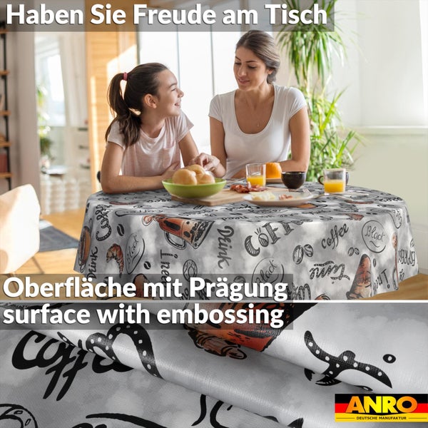 Runde Tischdecke mit Kaffeemotiven und geprägter Oberfläche in einer hellen Esszimmerszene und Detailansicht der Struktur. ANRO Logo.