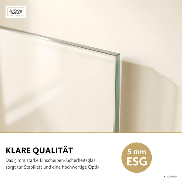Detailansicht einer 5 Millimeter starken Einscheiben Sicherheitsglas Platte mit Schöner Wohnen Kollektion Logo.