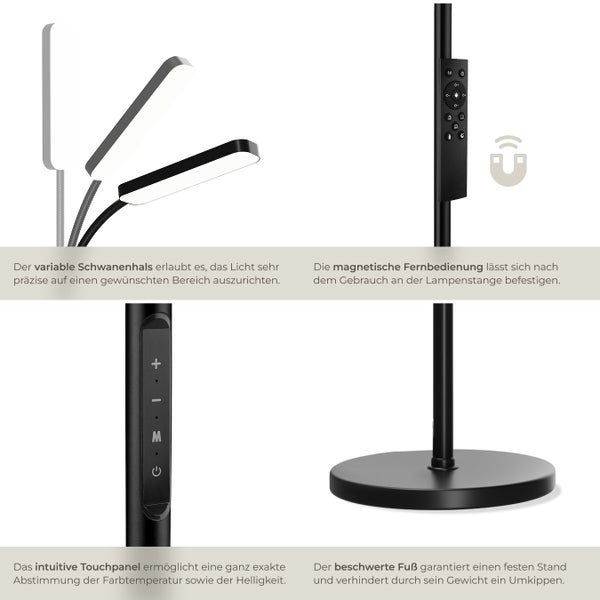 Stehlampe mit flexiblem Schwanenhals, magnetischer Fernbedienung, Touchpanel und beschwertem Fuß
