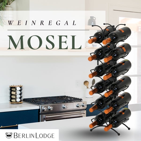 Berlin Lodge Weinregal Mosel aus Metall für zwölf Flaschen, stehend in einer Küche.