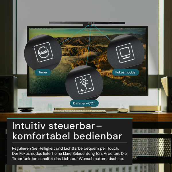Bildschirmleuchte mit Timer, Dimmfunktion und Fokusmodus zur intuitiven Steuerung